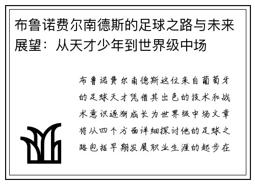 布鲁诺费尔南德斯的足球之路与未来展望：从天才少年到世界级中场